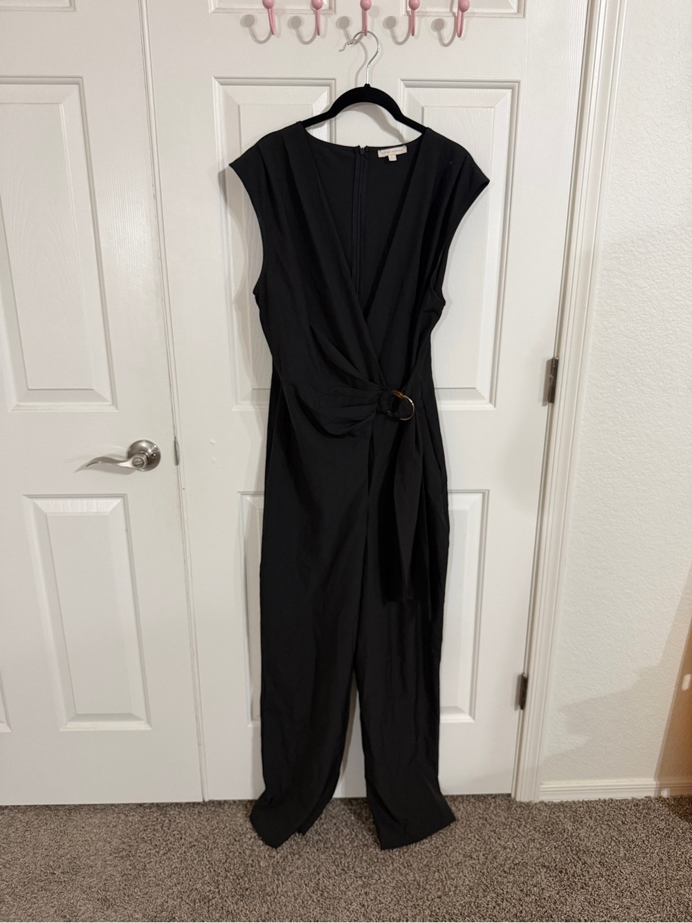 Flying Tomato Black Faux Wrap Jumpsuit Gold Ring Waist Size L